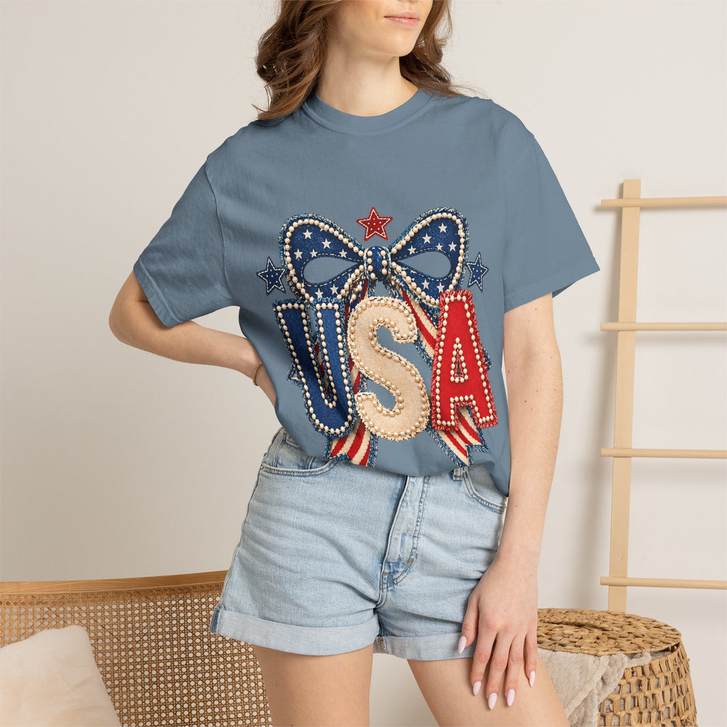 USA Patriotic Bow T‑Shirt — Fourth of July American Flag Tee