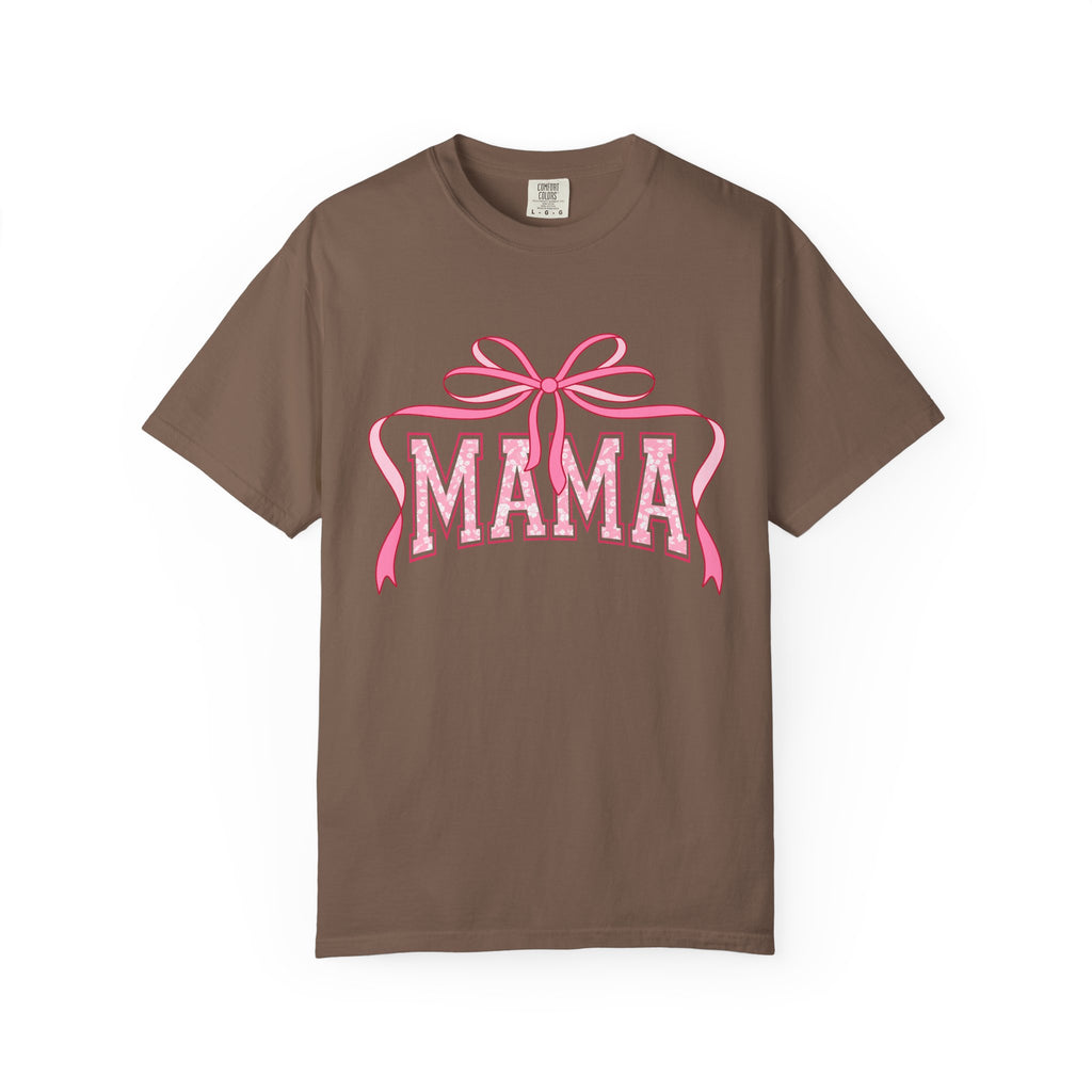 Mama Pink Bow T-Shirt — Floral Lettering Mother’s Day Tee