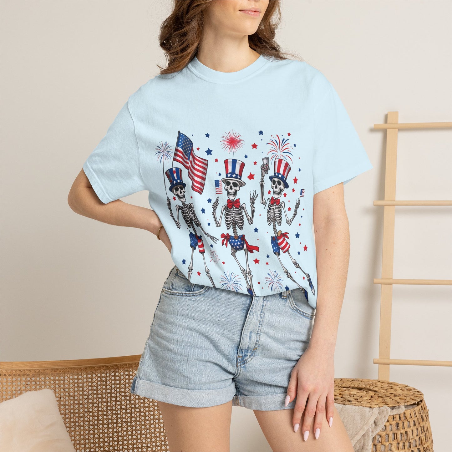 Patriotic Dancing Skeletons T-Shirt | 4th of July Flag Fireworks