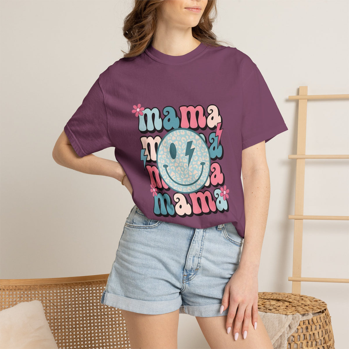Mama Smiley Graphic T-Shirt — Retro Pink & Blue Mother’s Day Tee