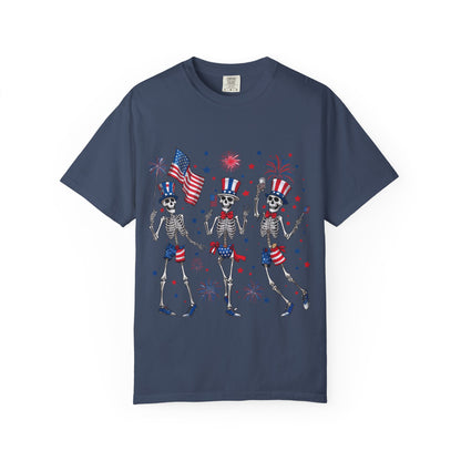 Patriotic Dancing Skeletons T-Shirt | 4th of July Flag Fireworks