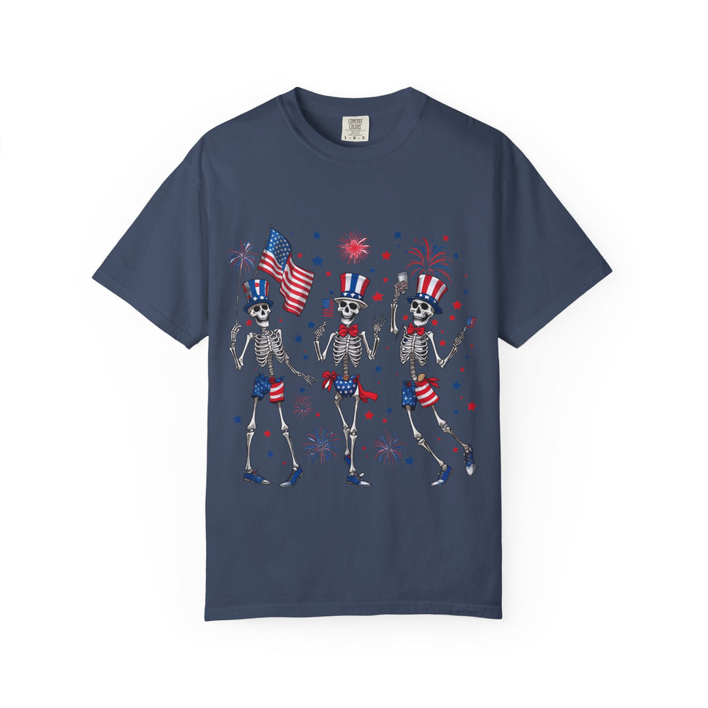 Patriotic Dancing Skeletons T-Shirt | 4th of July Flag Fireworks
