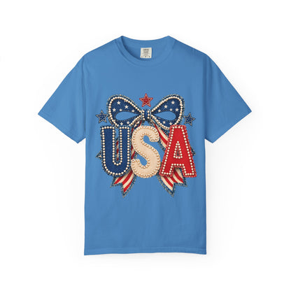 USA Patriotic Bow T‑Shirt — Fourth of July American Flag Tee