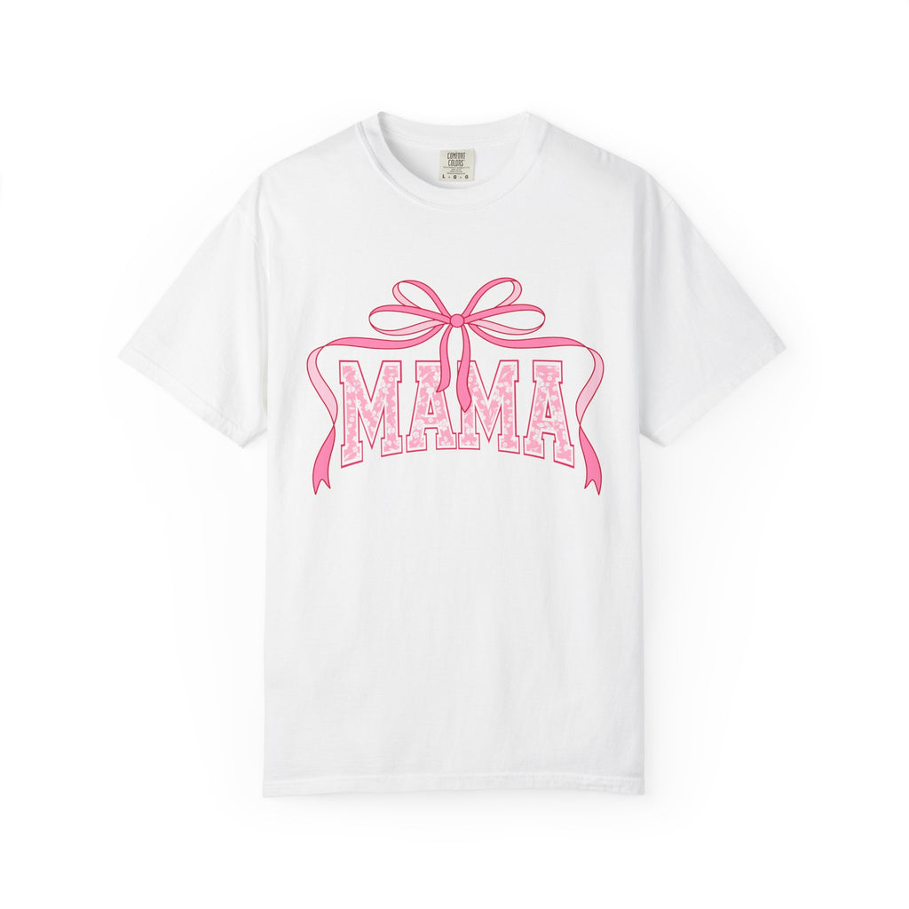 Mama Pink Bow T-Shirt — Floral Lettering Mother’s Day Tee