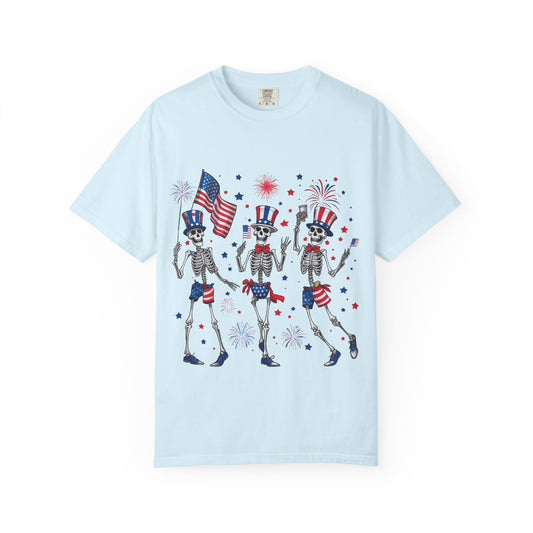Patriotic Dancing Skeletons T-Shirt | 4th of July Flag Fireworks