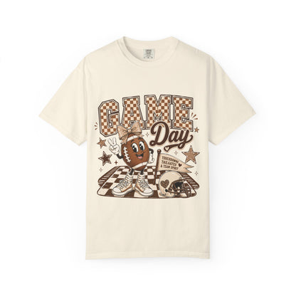 Game Day Retro Football T-Shirt — Vintage Mascot & Checkerboard Design