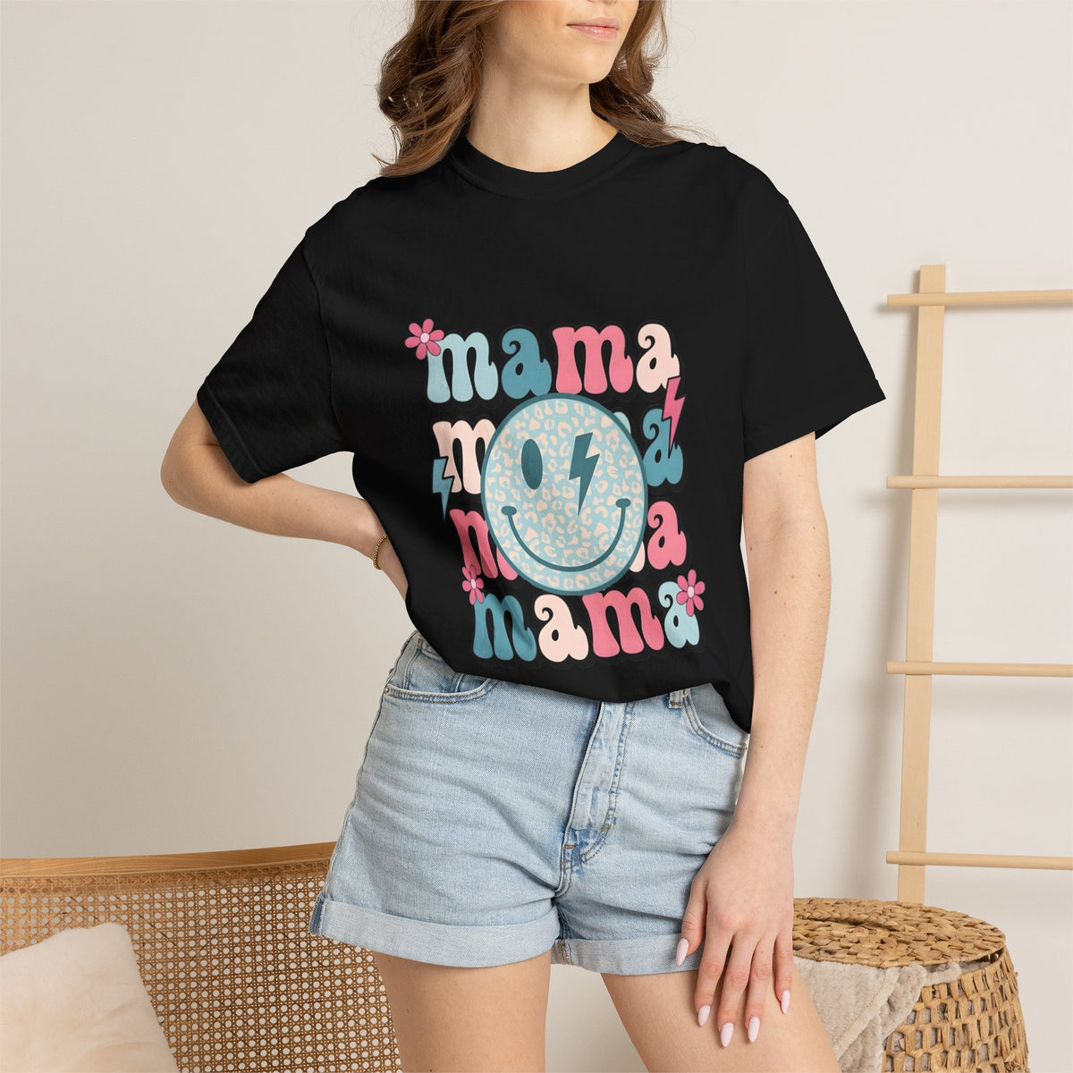 Mama Smiley Graphic T-Shirt — Retro Pink & Blue Mother’s Day Tee