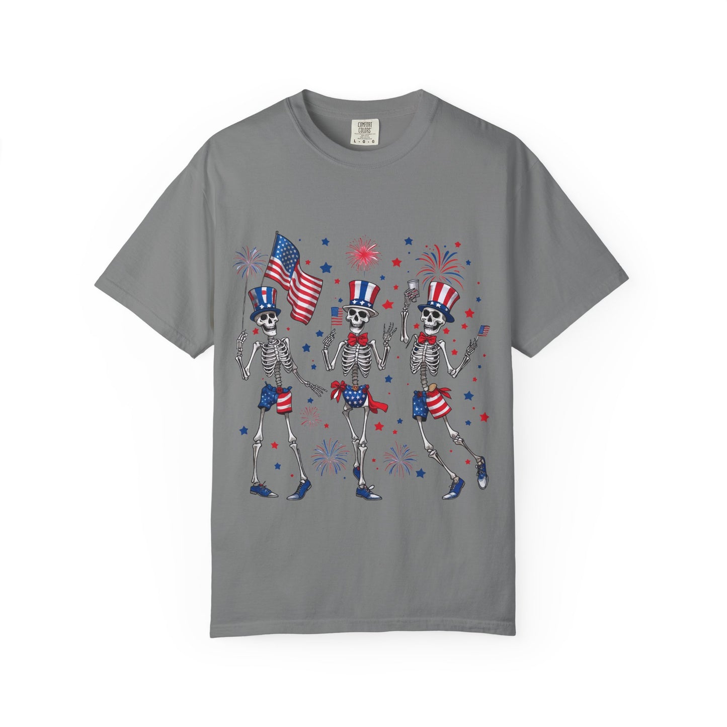 Patriotic Dancing Skeletons T-Shirt | 4th of July Flag Fireworks