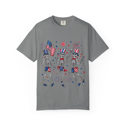 Patriotic Dancing Skeletons T-Shirt | 4th of July Flag Fireworks
