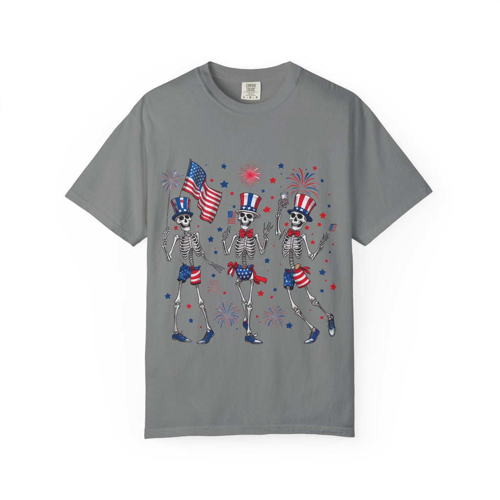 Patriotic Dancing Skeletons T-Shirt | 4th of July Flag Fireworks