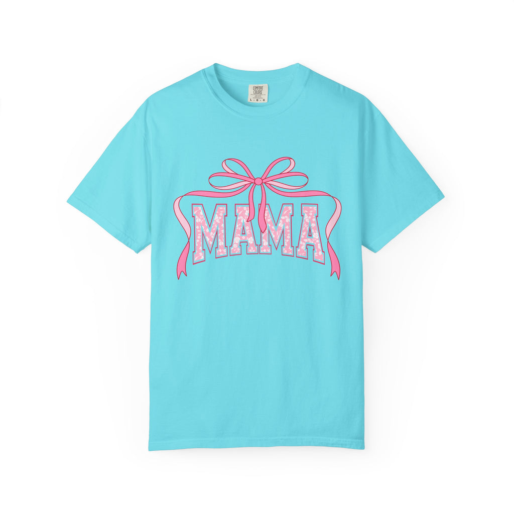 Mama Pink Bow T-Shirt — Floral Lettering Mother’s Day Tee