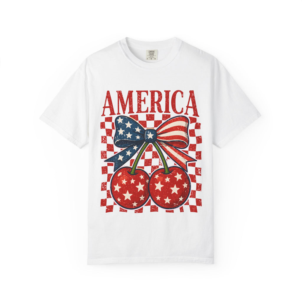 America Cherry Graphic T-Shirt — Patriotic USA Flag Bow Vintage Style