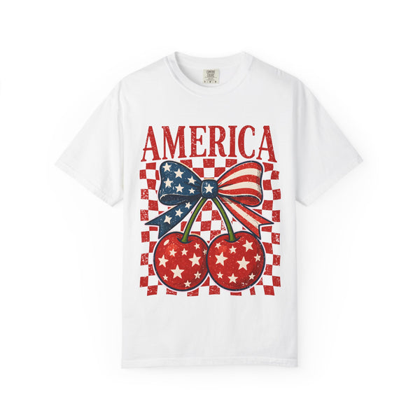 America Cherry Graphic T-Shirt — Patriotic USA Flag Bow Vintage Style