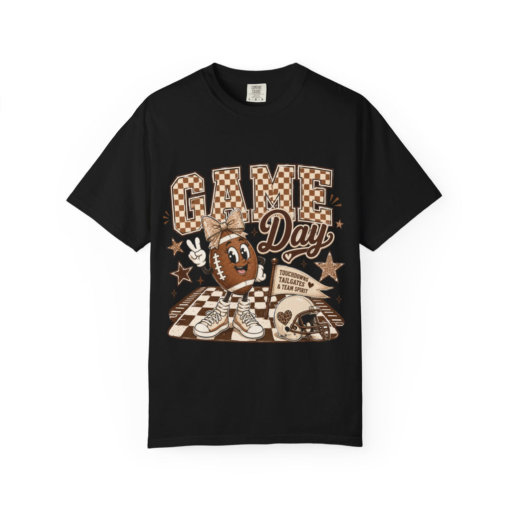 Game Day Retro Football T-Shirt — Vintage Mascot & Checkerboard Design