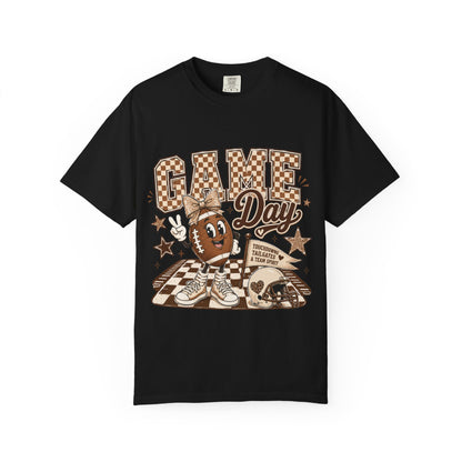 Game Day Retro Football T-Shirt — Vintage Mascot & Checkerboard Design