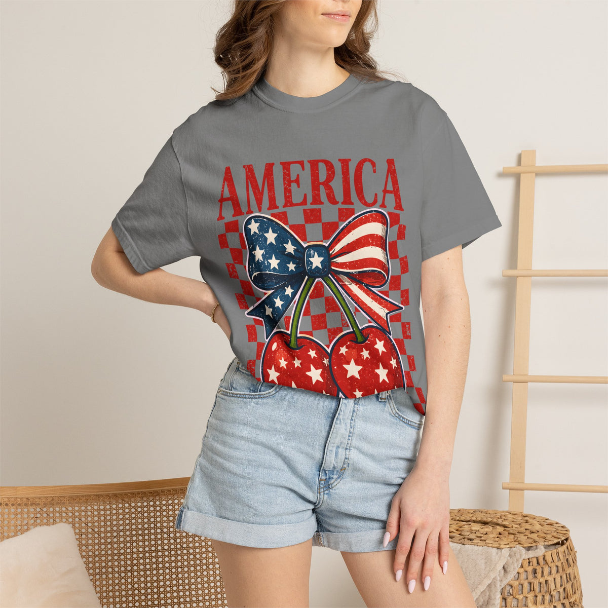 America Cherry Graphic T-Shirt — Patriotic USA Flag Bow Vintage Style