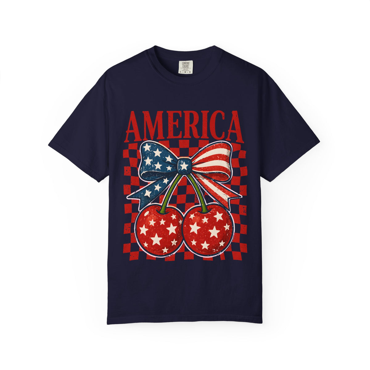 America Cherry Graphic T-Shirt — Patriotic USA Flag Bow Vintage Style