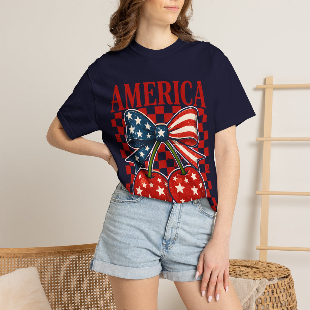 America Cherry Graphic T-Shirt — Patriotic USA Flag Bow Vintage Style