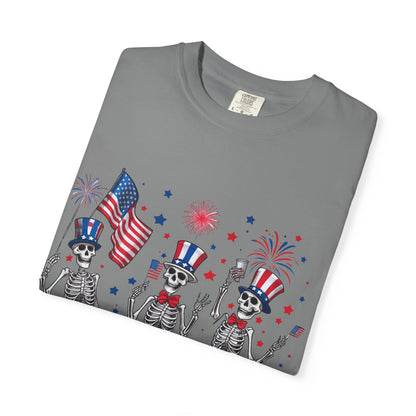 Patriotic Dancing Skeletons T-Shirt | 4th of July Flag Fireworks
